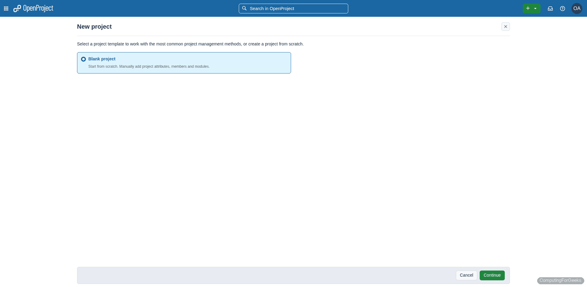 OpenProject new project creation form with name field and module selection