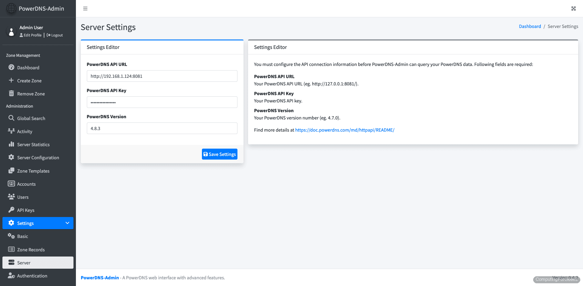 PowerDNS-Admin API settings saved successfully