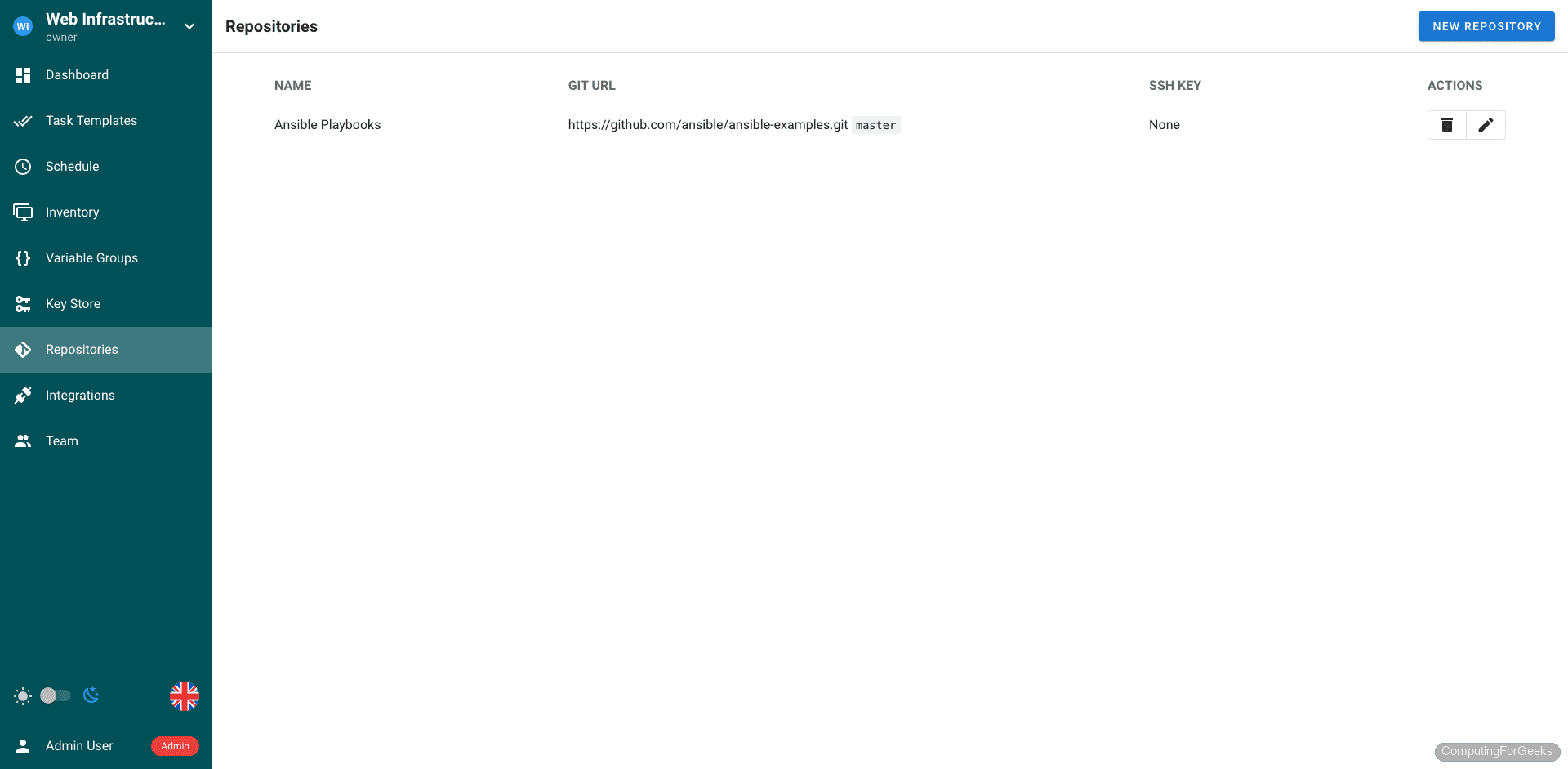 Install Semaphore Ansible UI on Ubuntu 24.04 / Debian 13 4 Semaphore repositories page with Git repository configured
