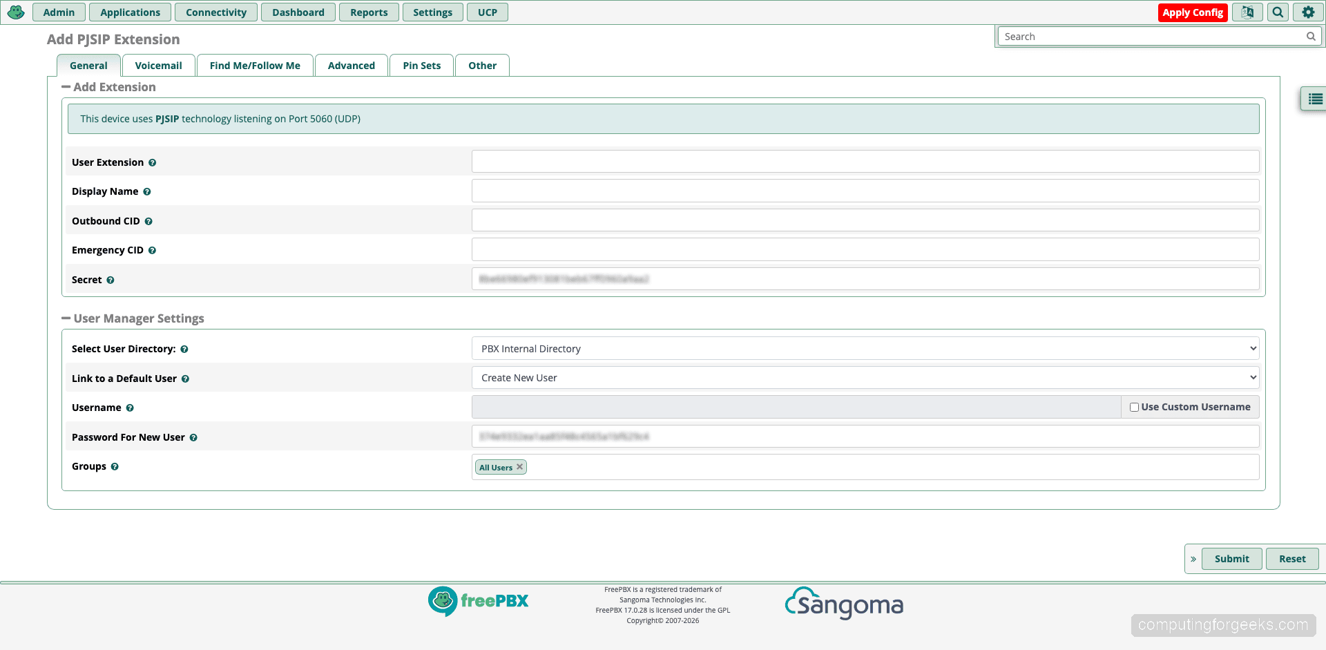 FreePBX Add New PJSIP Extension form showing extension number and display name fields