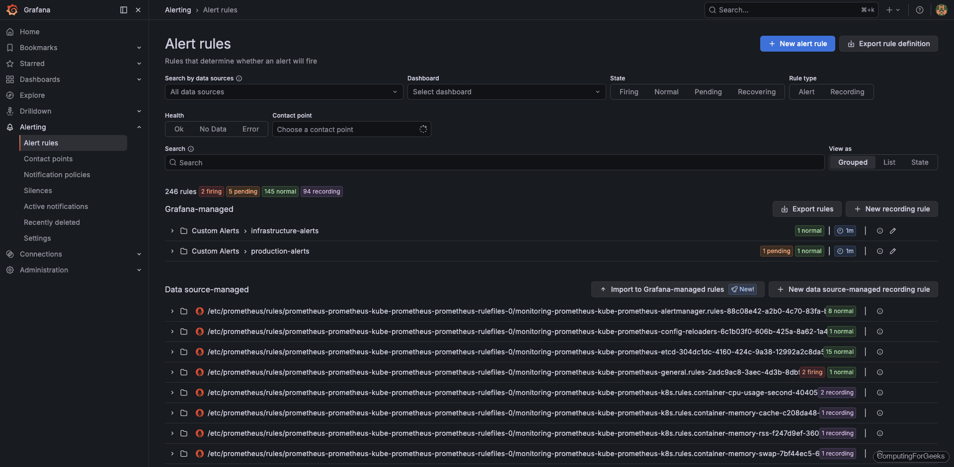 Grafana alert rules list showing 3 custom rules plus 245 built-in rules from kube-prometheus-stack