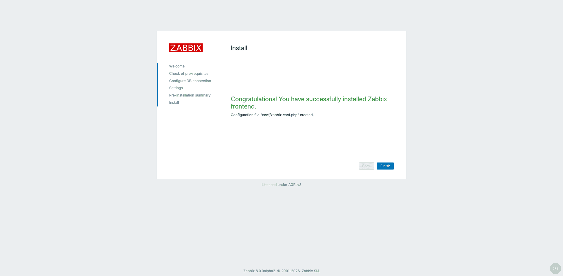 Zabbix 8.0 installation complete on Debian 13