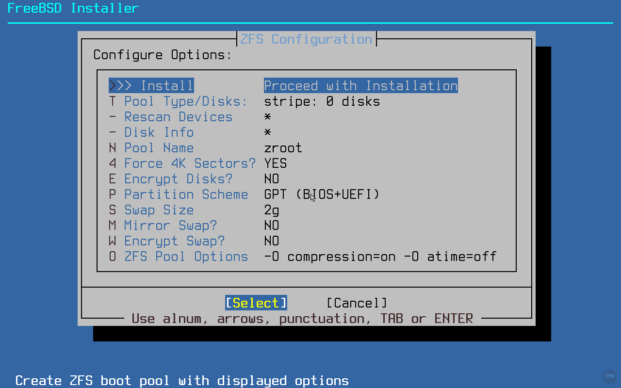 FreeBSD 15.0 ZFS configuration screen showing pool type, swap size, and encryption options