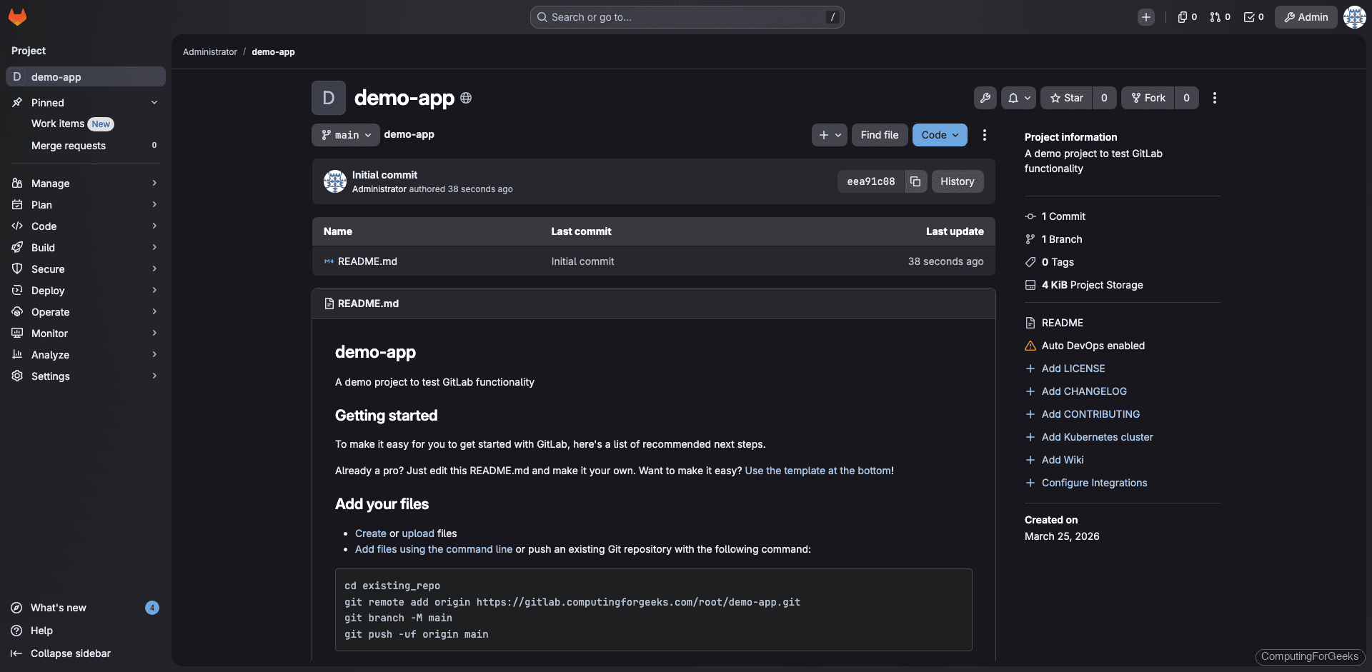GitLab project page showing repository files, clone URL, and getting started instructions