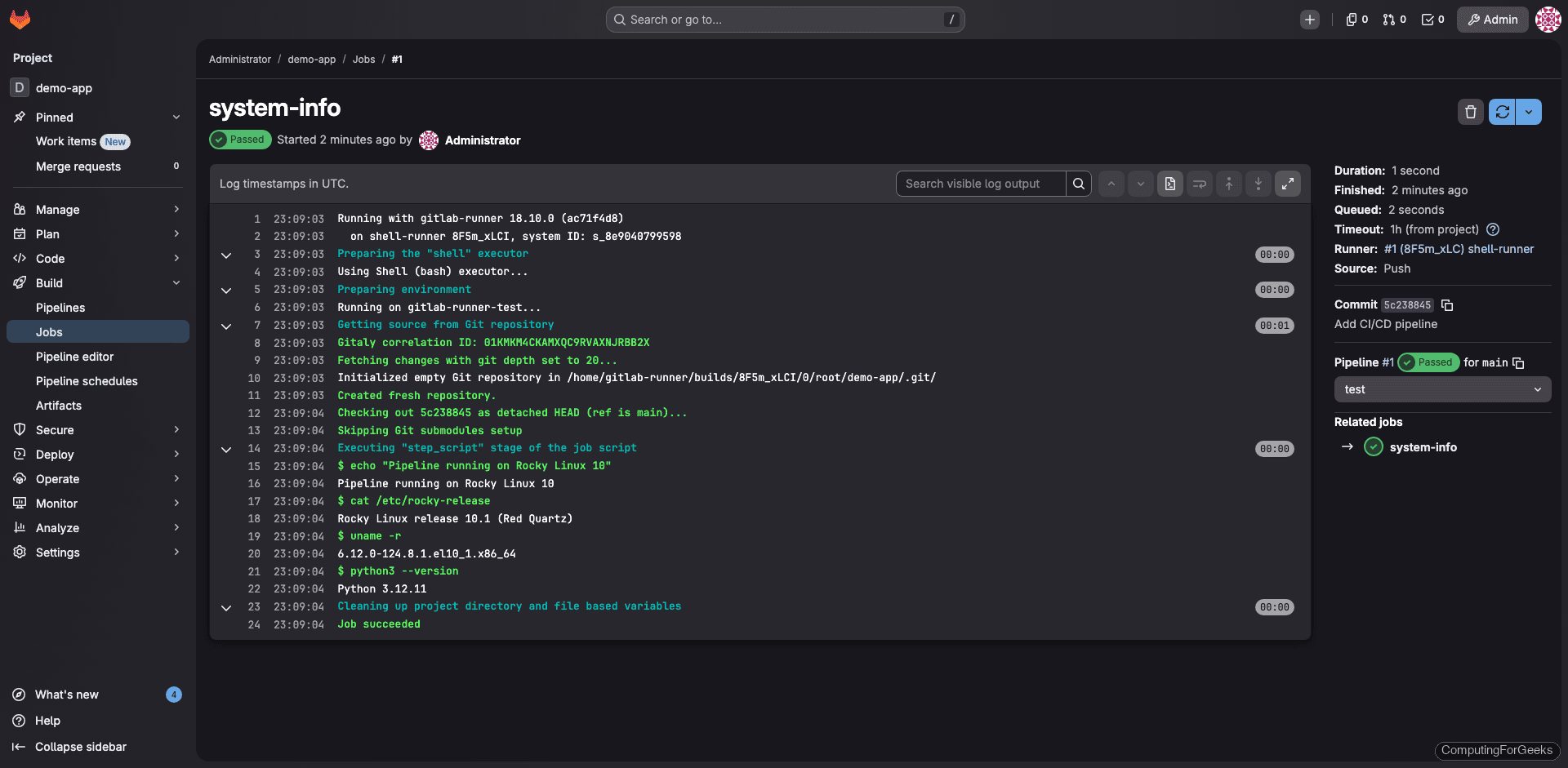 GitLab job log showing Rocky Linux 10.1 output from shell executor runner