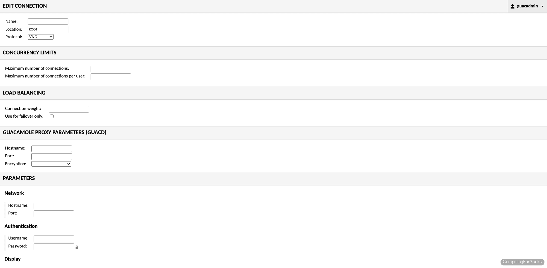 Apache Guacamole new connection form with protocol and network settings