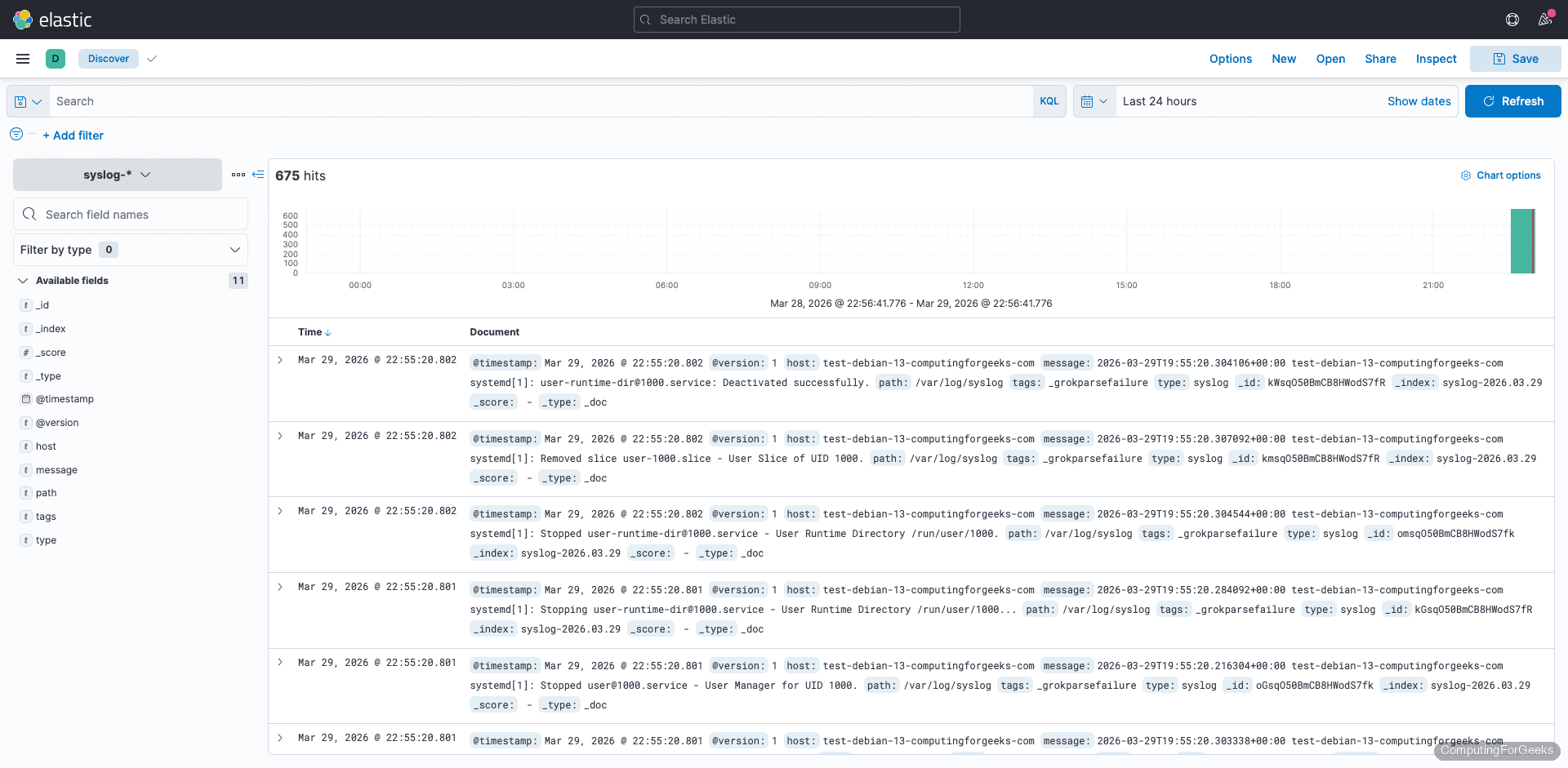 Install Elasticsearch 7, Logstash, and Kibana on Debian 13 / 12 2 Kibana 7 Discover page showing syslog data indexed by Logstash on Debian 13