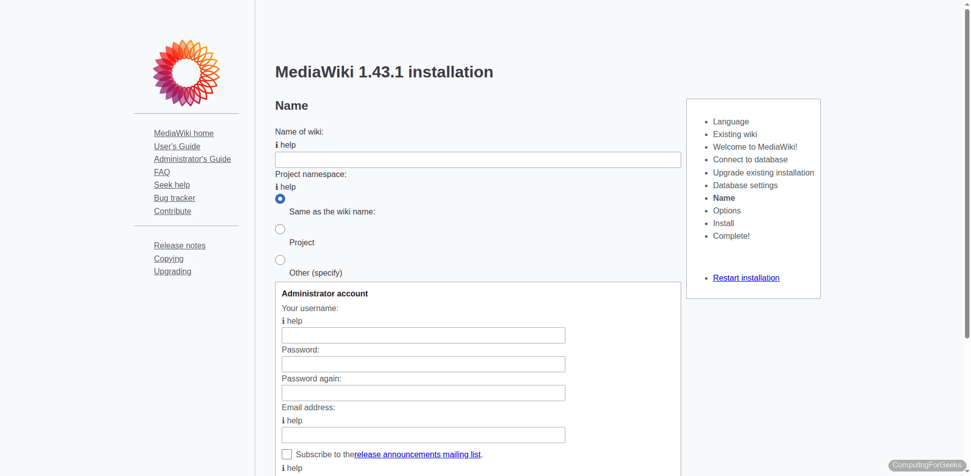 MediaWiki installer name of wiki and project namespace configuration