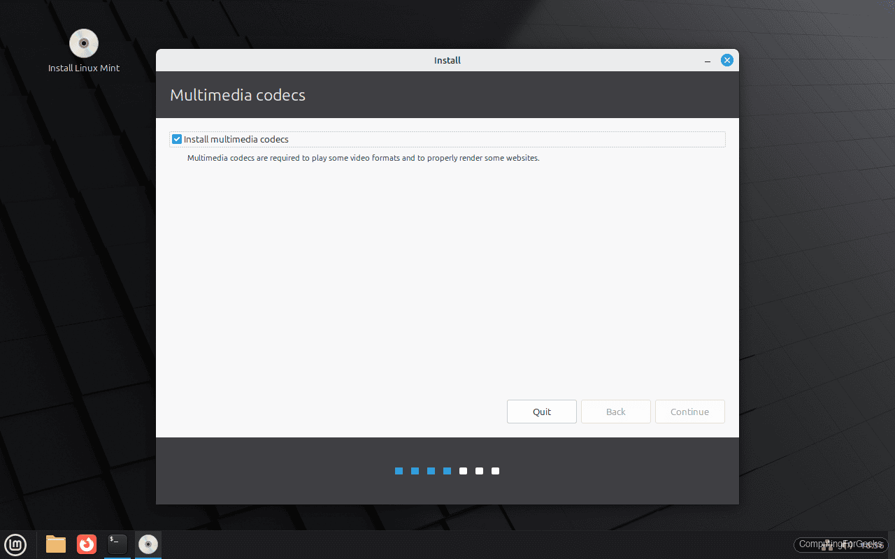 Linux Mint installation type selection with erase disk option