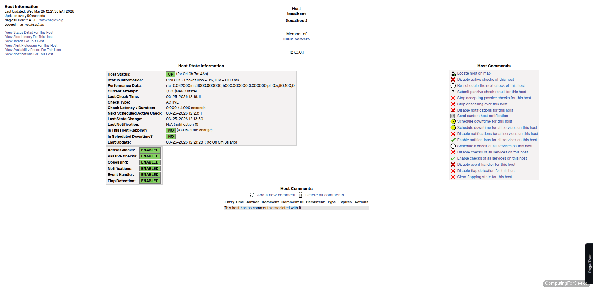 Nagios host information detail page for localhost showing uptime check results and status