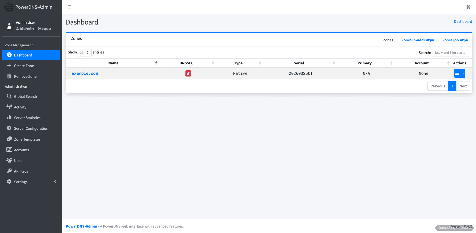 PowerDNS-Admin dashboard showing DNS zones