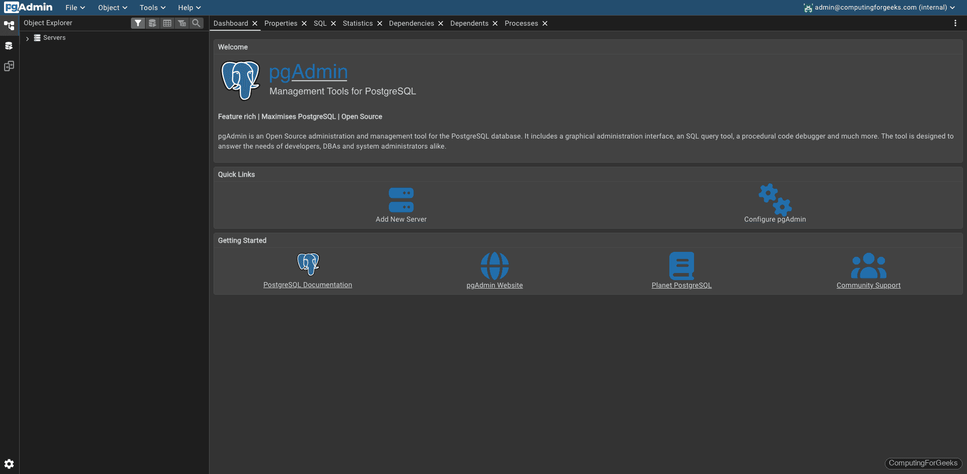 pgAdmin 4 browser tree showing PostgreSQL databases and tables