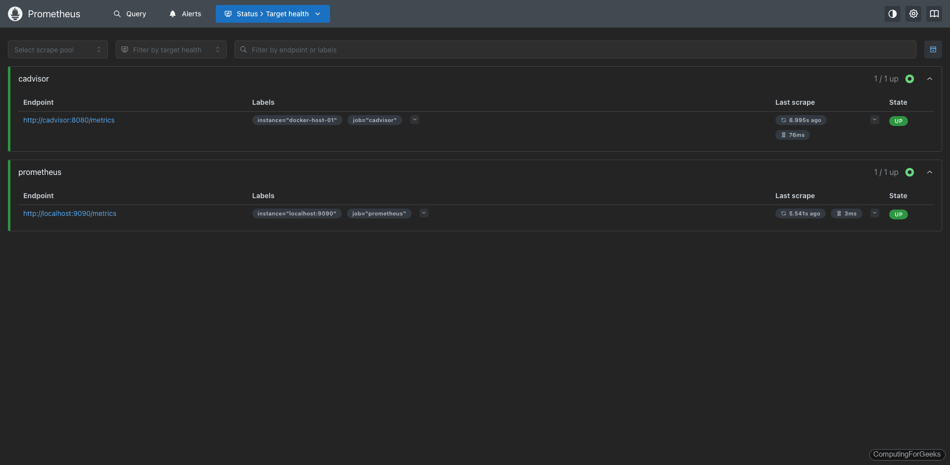Monitor Docker Containers with Prometheus and Grafana 1 Prometheus targets page showing cAdvisor and self-scrape targets as UP