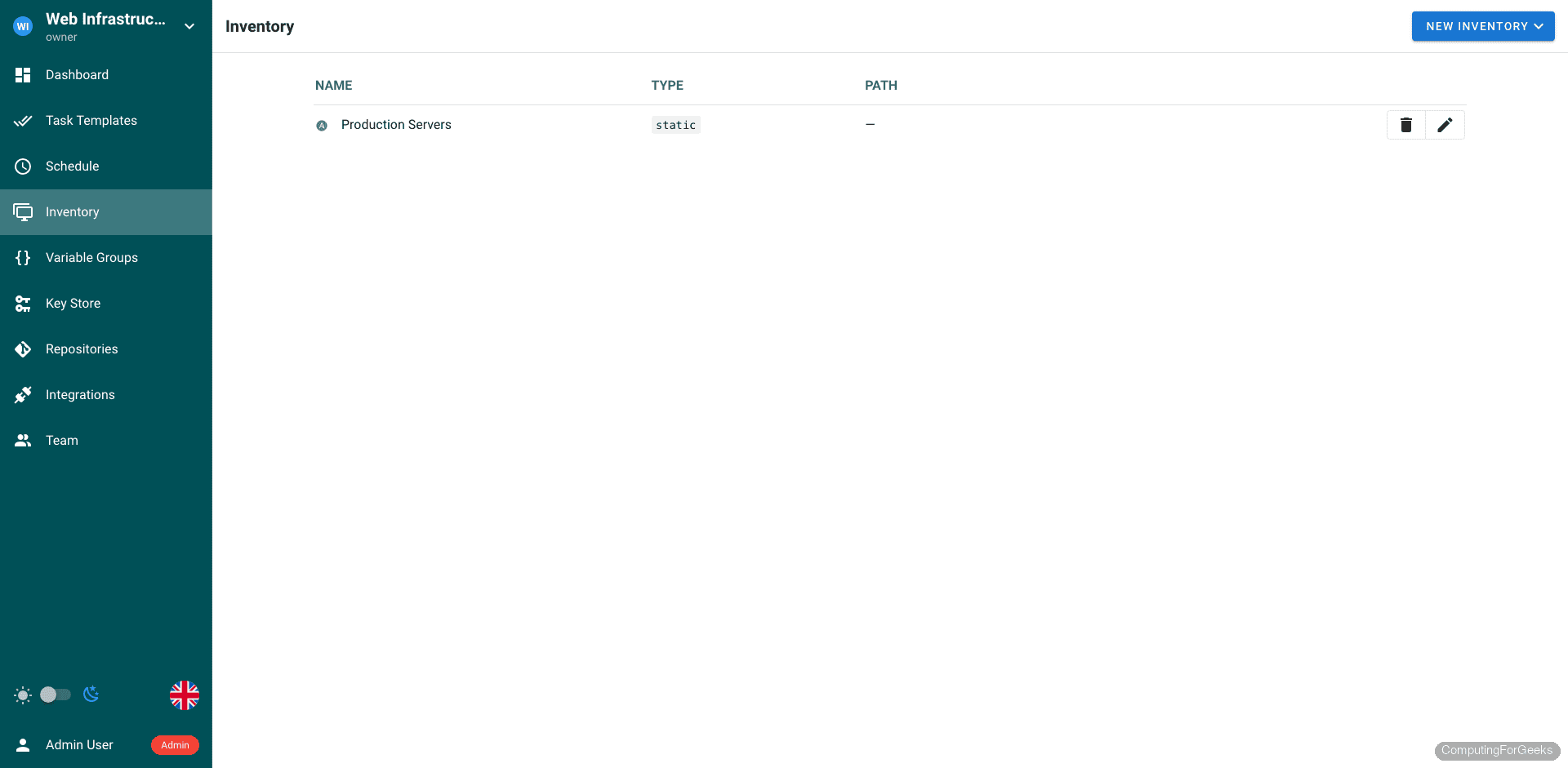 Install Semaphore Ansible UI on Ubuntu 24.04 / Debian 13 5 Semaphore inventory management page with production servers