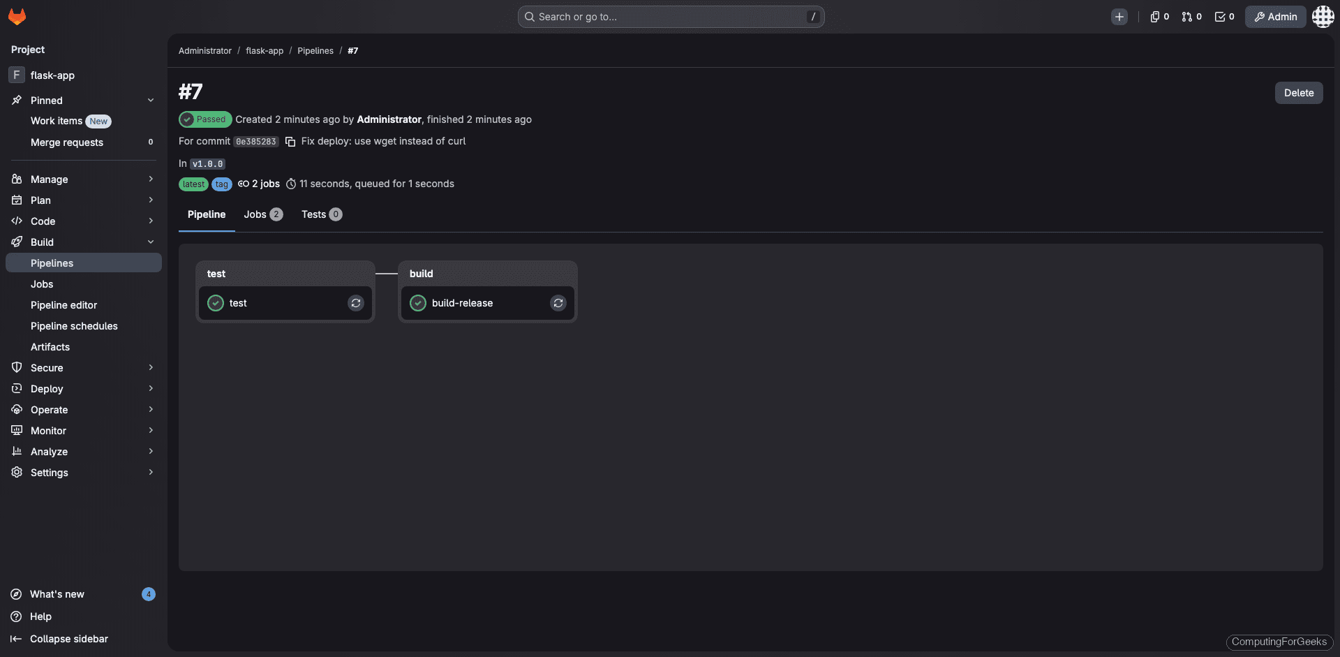 GitLab pipeline triggered by v1.0.0 tag for semantic version release