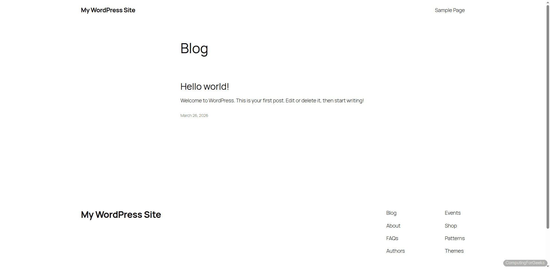 Install WordPress with Nginx on Ubuntu 24.04 / Debian 13 3 WordPress frontend with default theme running on Nginx with HTTPS on Ubuntu 24.04