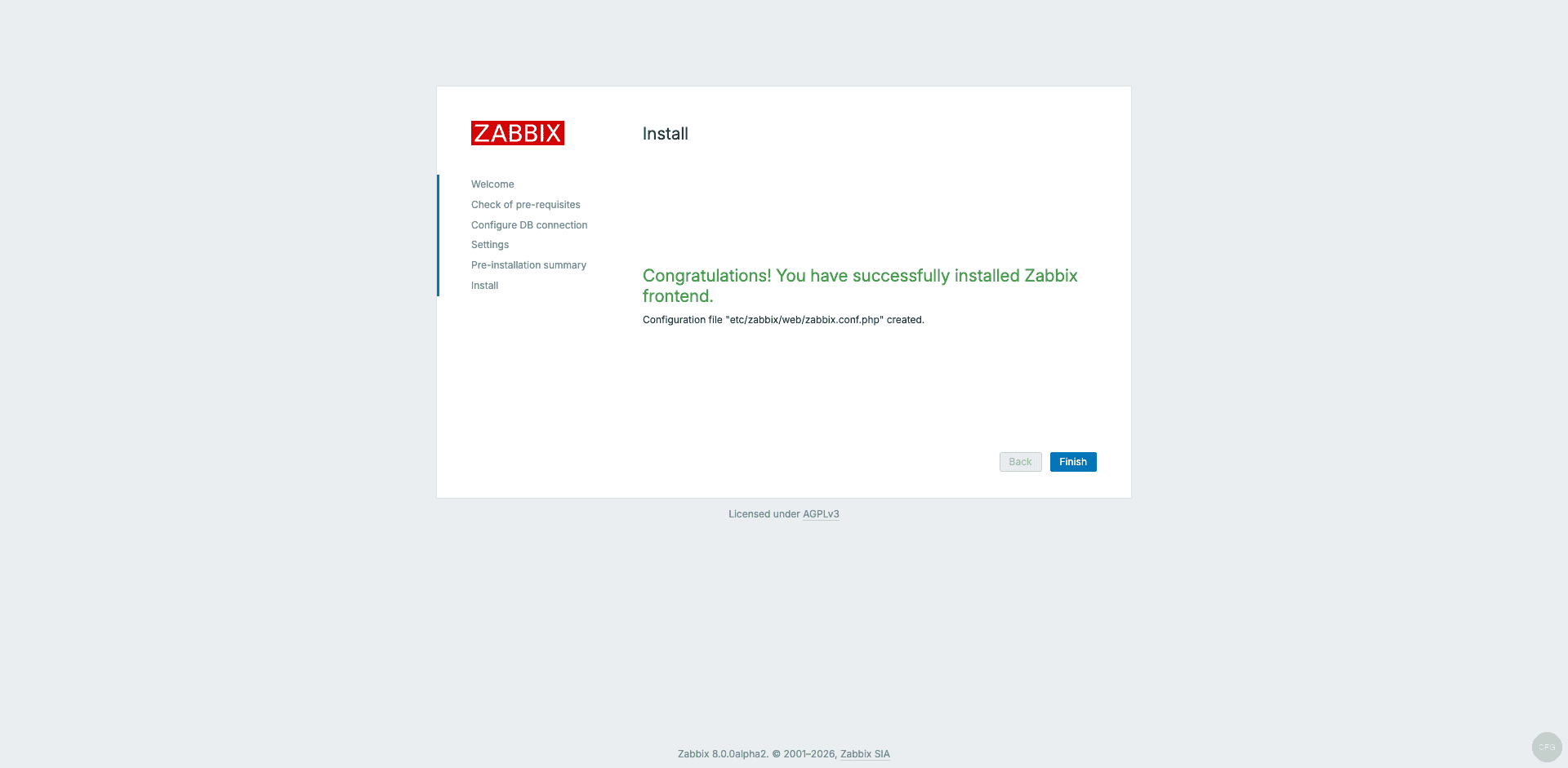 Zabbix 8.0 frontend installation complete