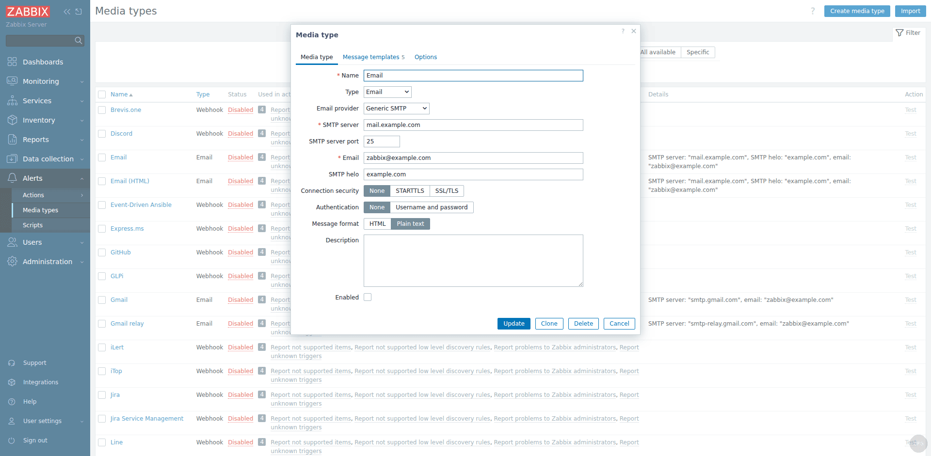 Zabbix 7.0 email media type SMTP configuration settings