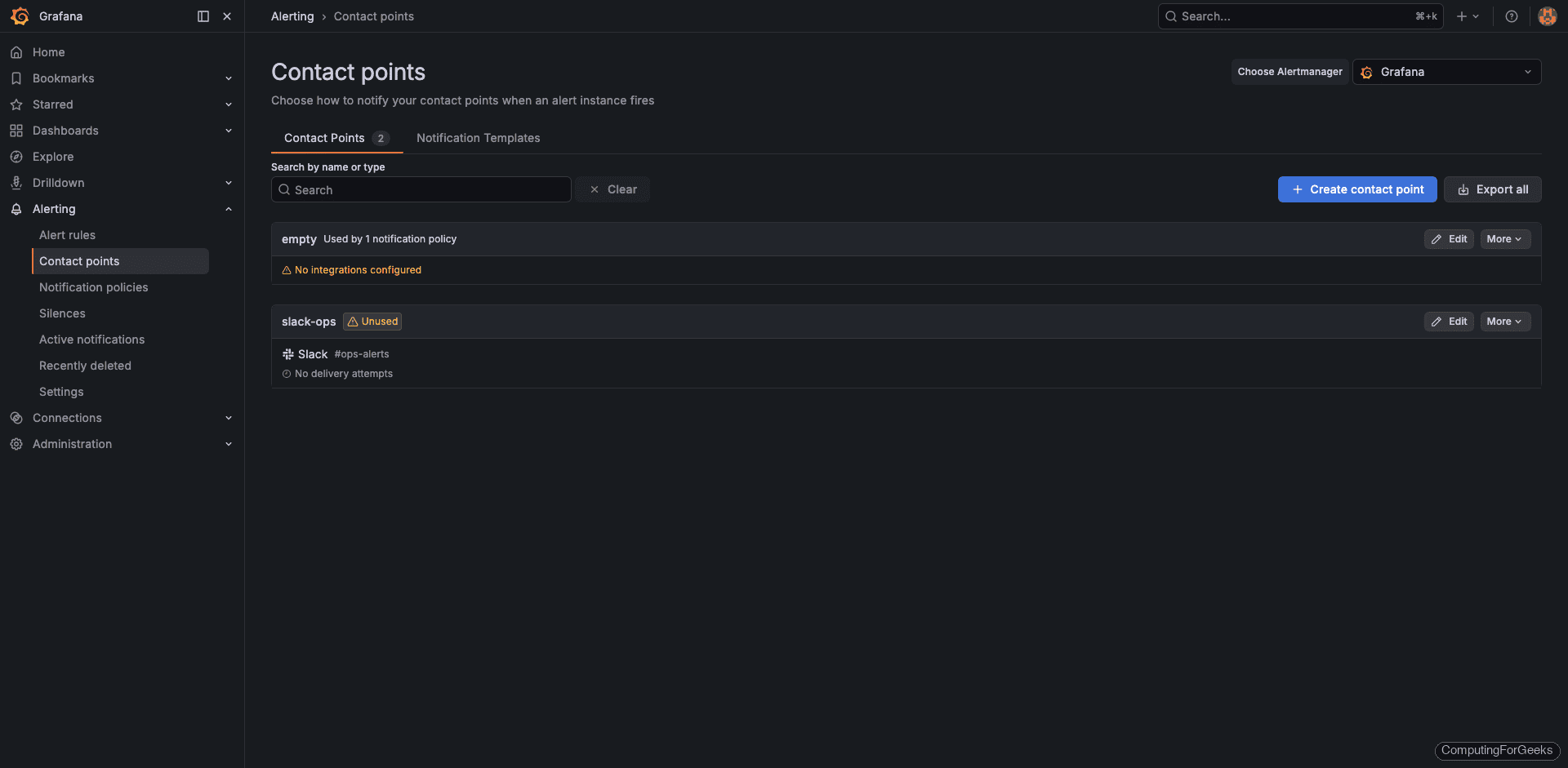 Grafana contact points configuration page showing slack-ops contact point