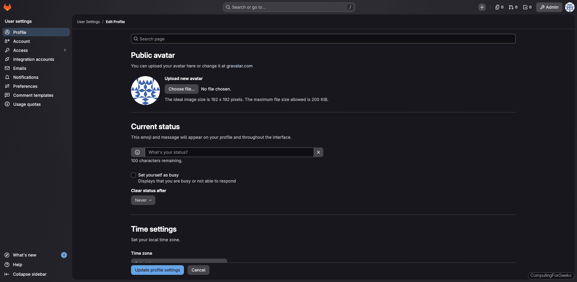 GitLab user profile settings page