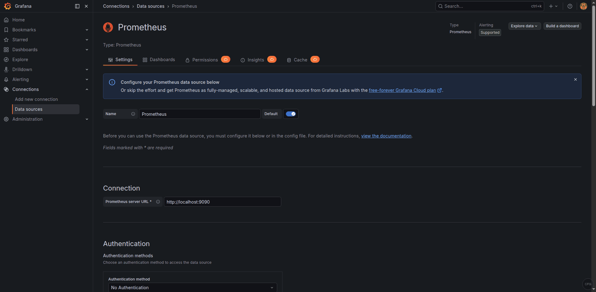 Grafana Prometheus datasource configuration showing server URL field