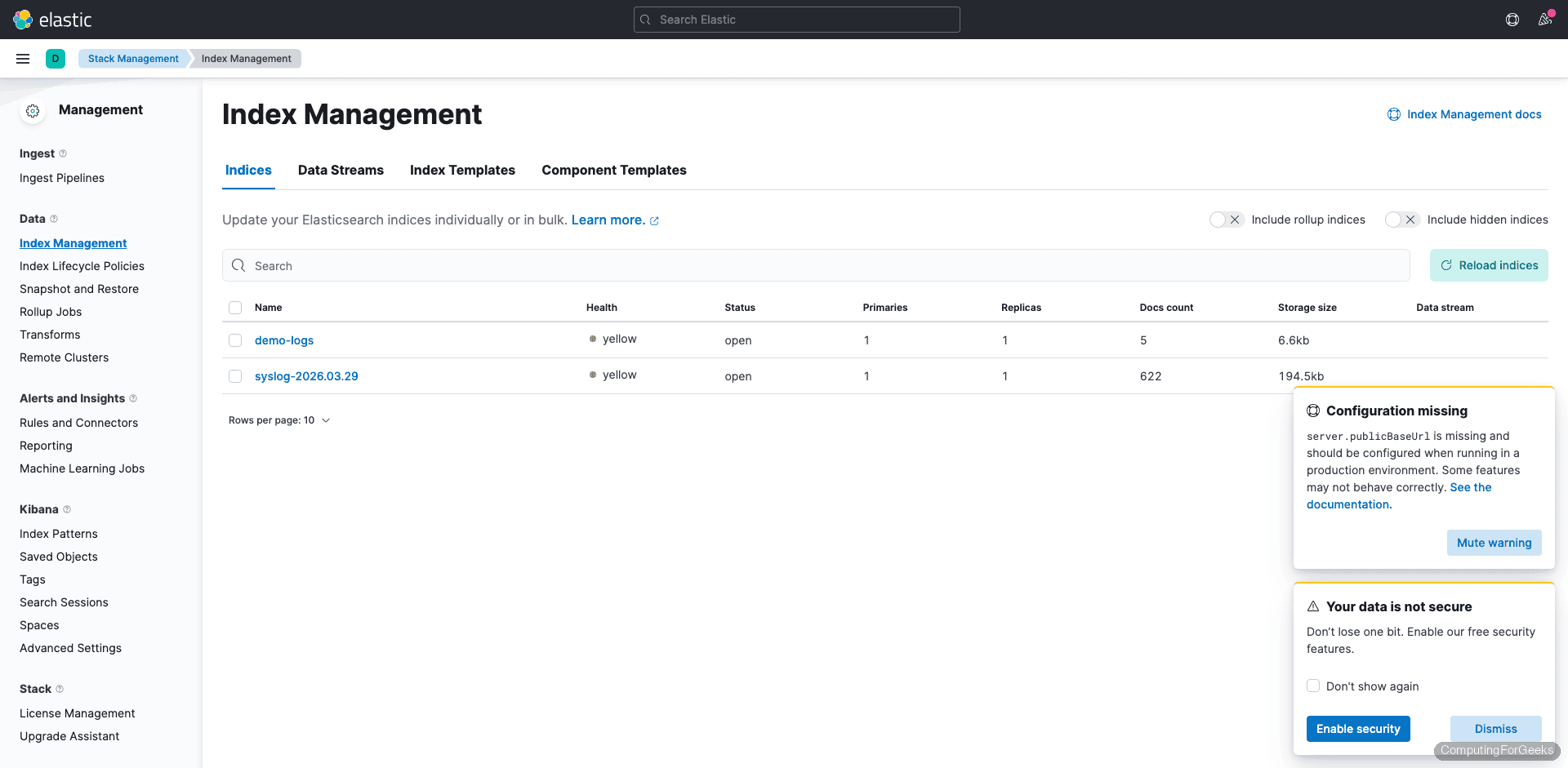 Install Elasticsearch 7, Logstash, and Kibana on Debian 13 / 12 3 Kibana 7 Index Management showing Elasticsearch indices on Debian 13