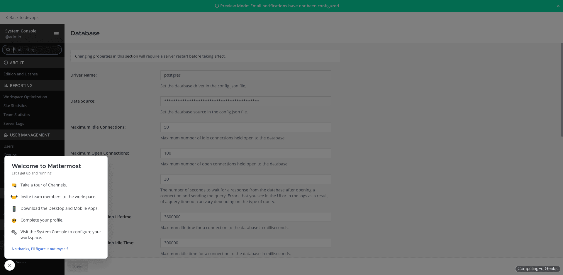Mattermost System Console database configuration with PostgreSQL