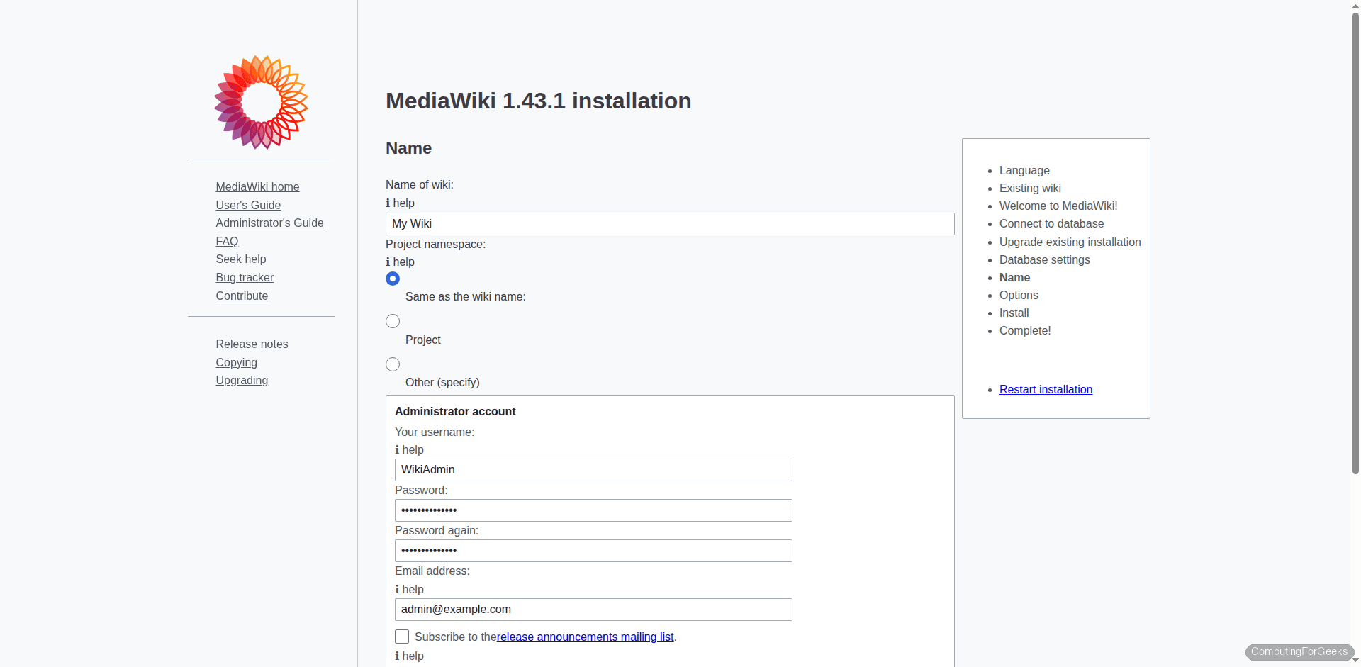 MediaWiki installer administrator account setup with username and password filled in
