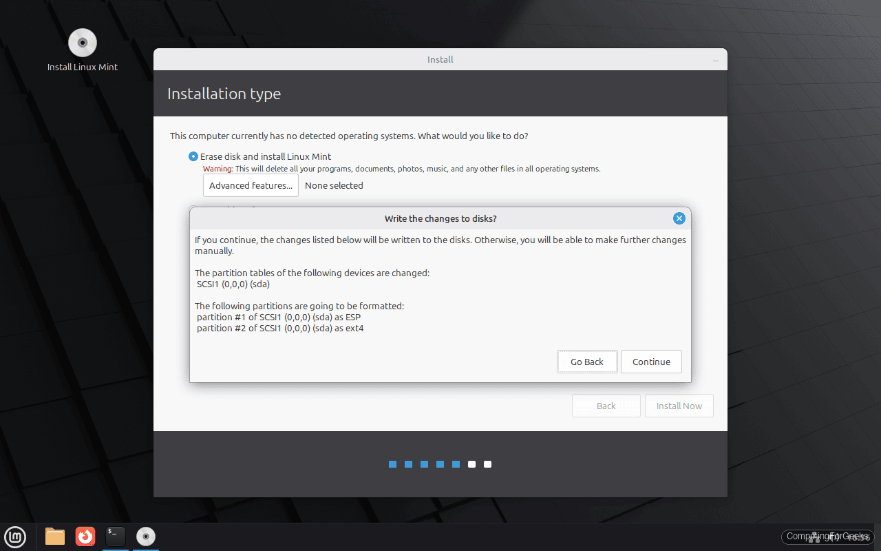 Linux Mint disk partition confirmation dialog