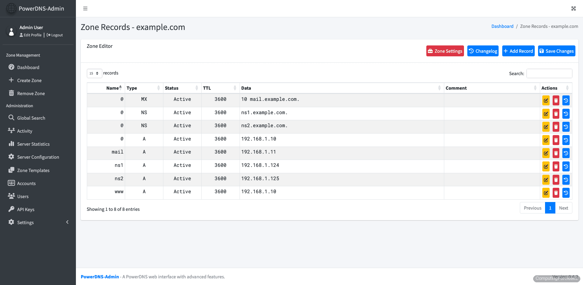 PowerDNS-Admin zone detail view for example.com
