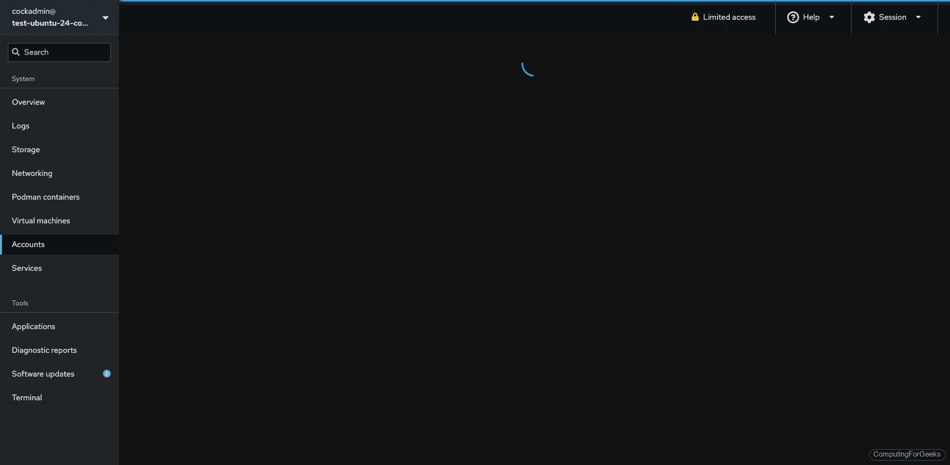 Cockpit user accounts showing cockadmin root and ubuntu users on Ubuntu 24.04