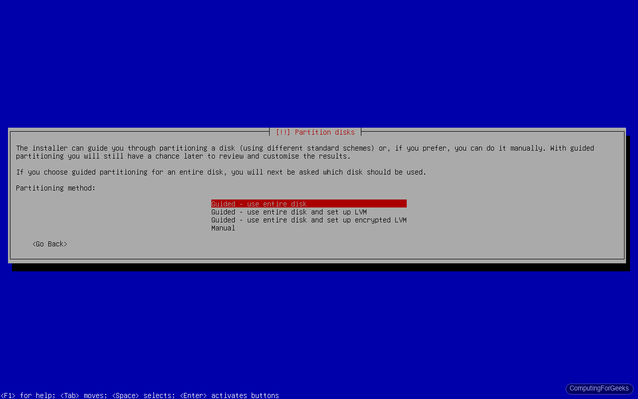 Install Debian 13 (Trixie) Step by Step 8 Debian 13 installer disk partitioning method selection