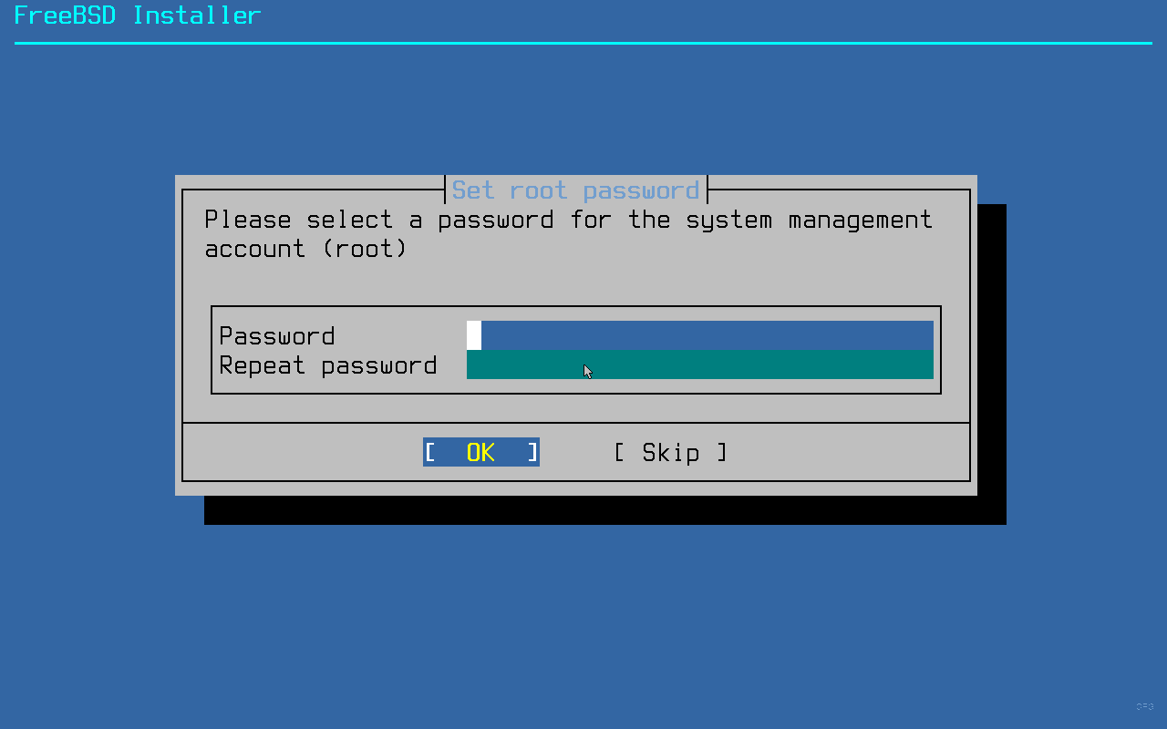 FreeBSD 15.0 root password configuration screen