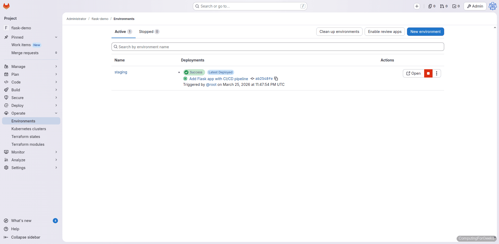 GitLab environments page showing staging deployment with last deployment timestamp