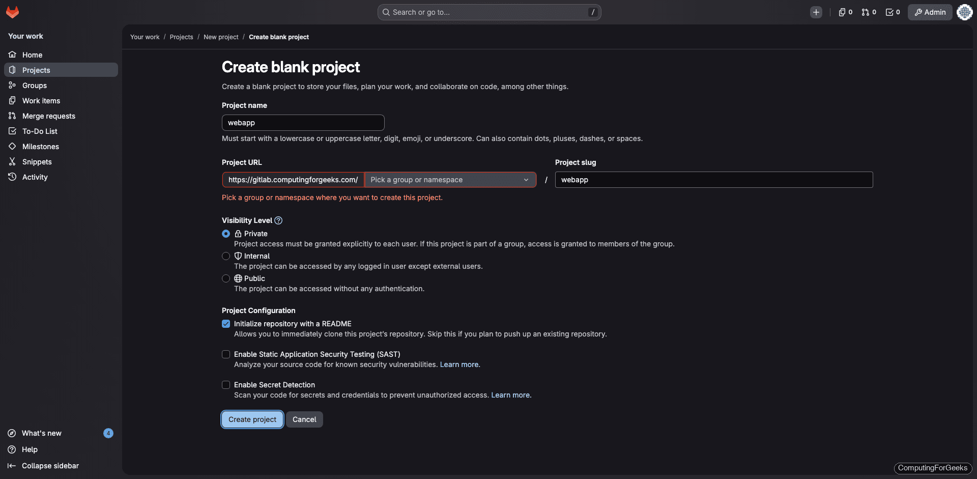 GitLab CE create blank project form with visibility settings