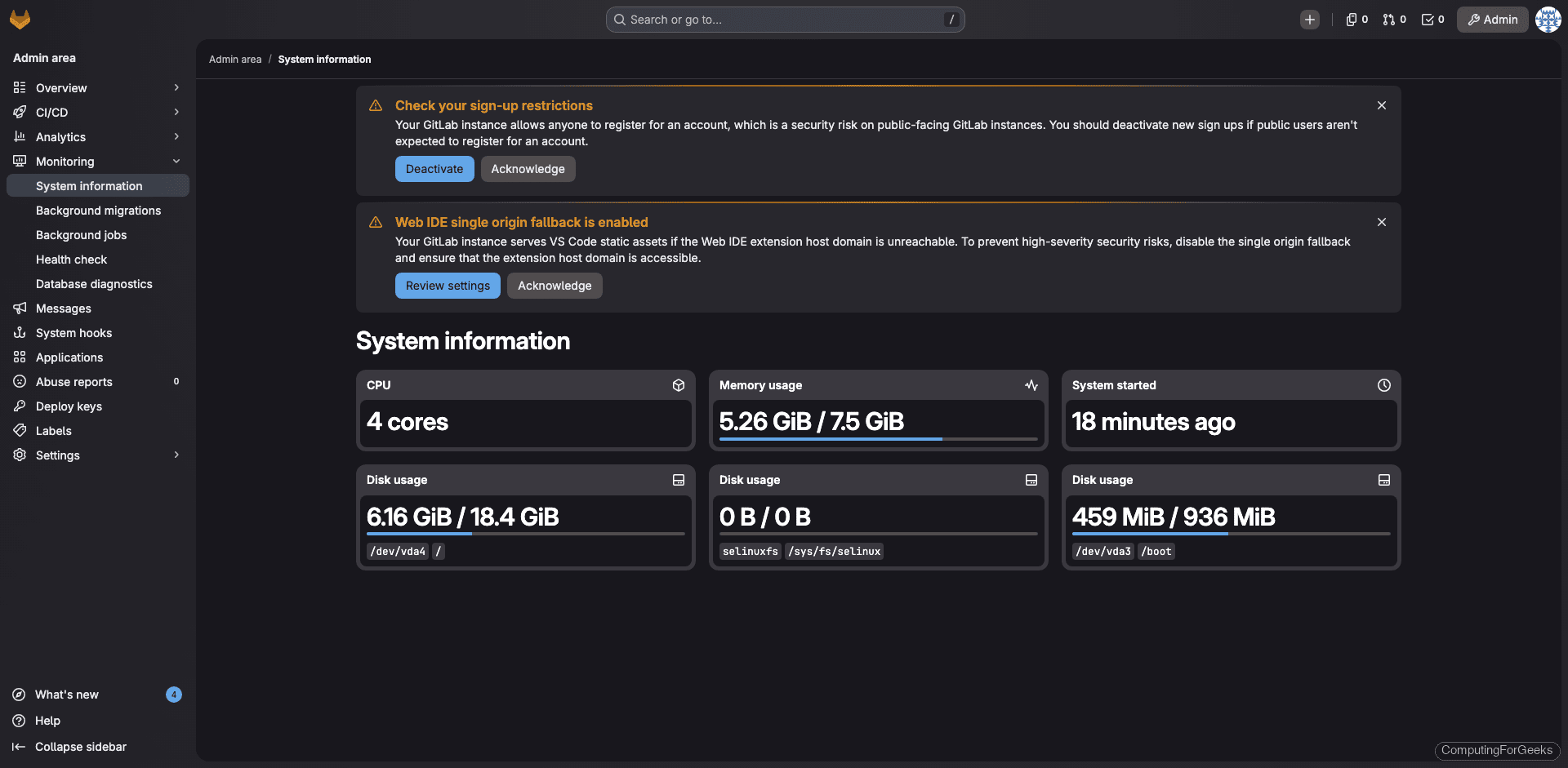 GitLab system information page showing 4 cores, 5.26 GiB memory usage on Rocky Linux 10