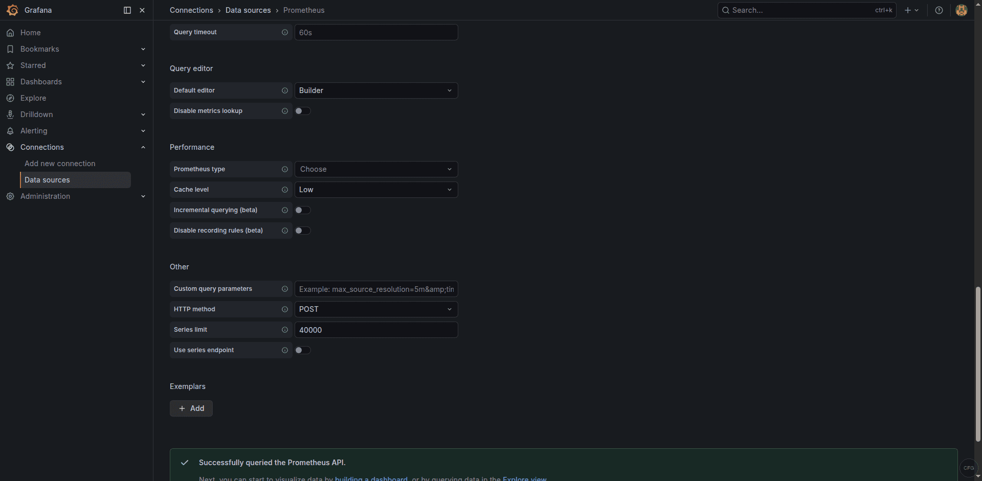 Grafana datasource Save and Test showing successful Prometheus connection