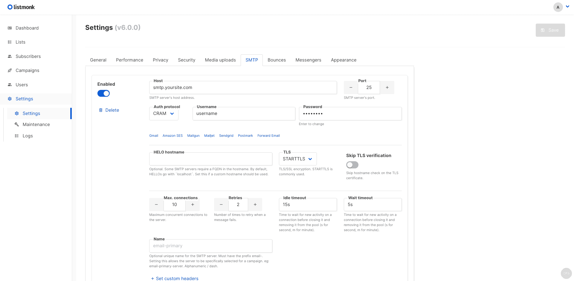 Listmonk SMTP email delivery configuration page