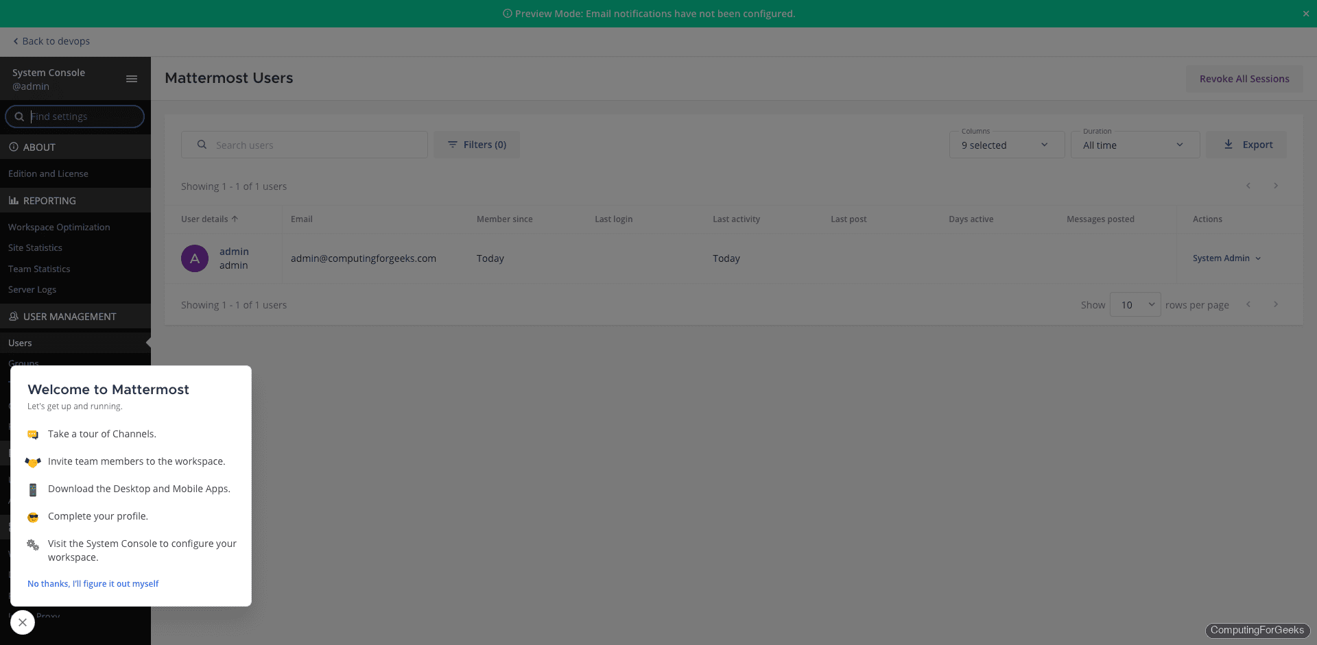 Mattermost user management page showing admin user