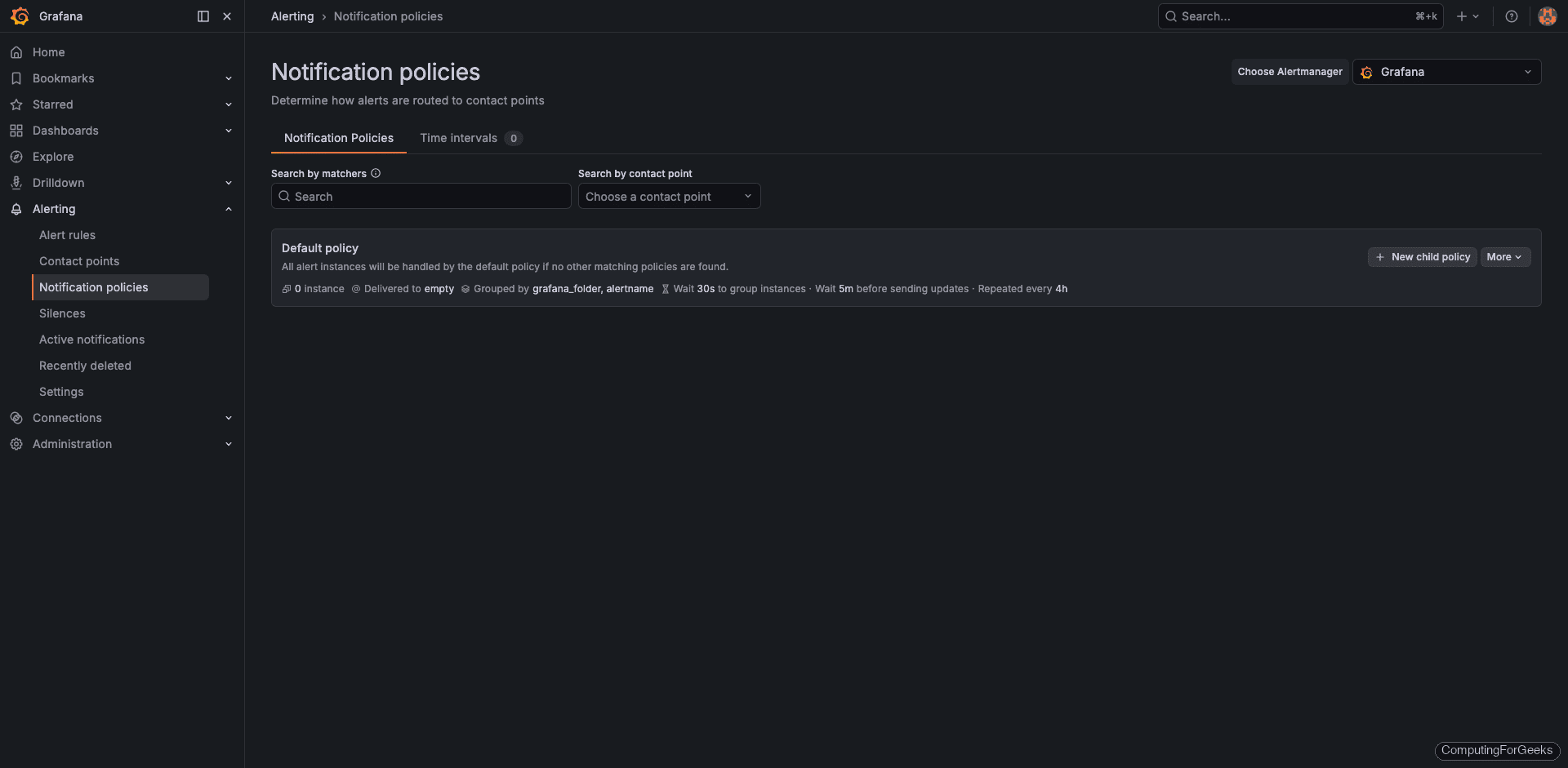 Grafana notification policies page showing default routing and label-based overrides
