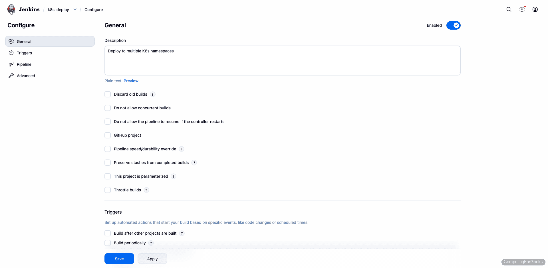 Jenkins pipeline configuration showing Groovy script with withKubeConfig stages