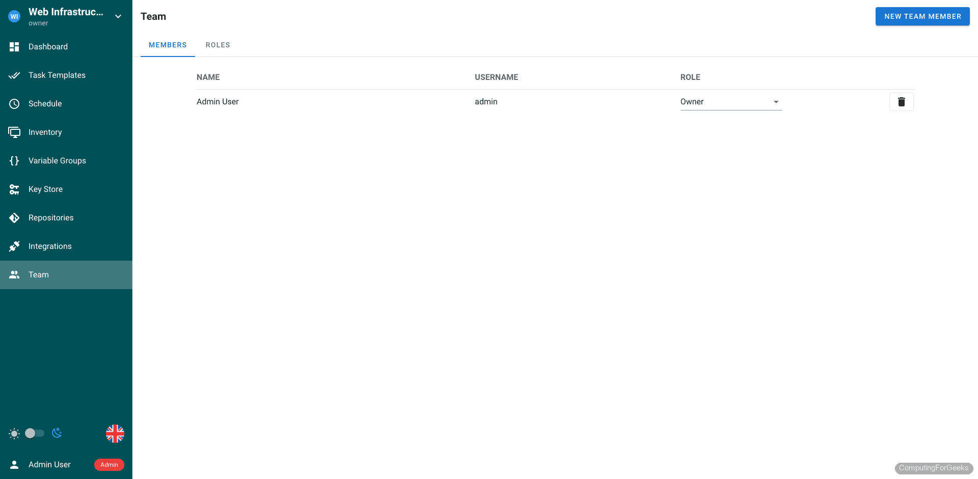 Install Semaphore Ansible UI on Ubuntu 24.04 / Debian 13 8 Semaphore team management page with admin user