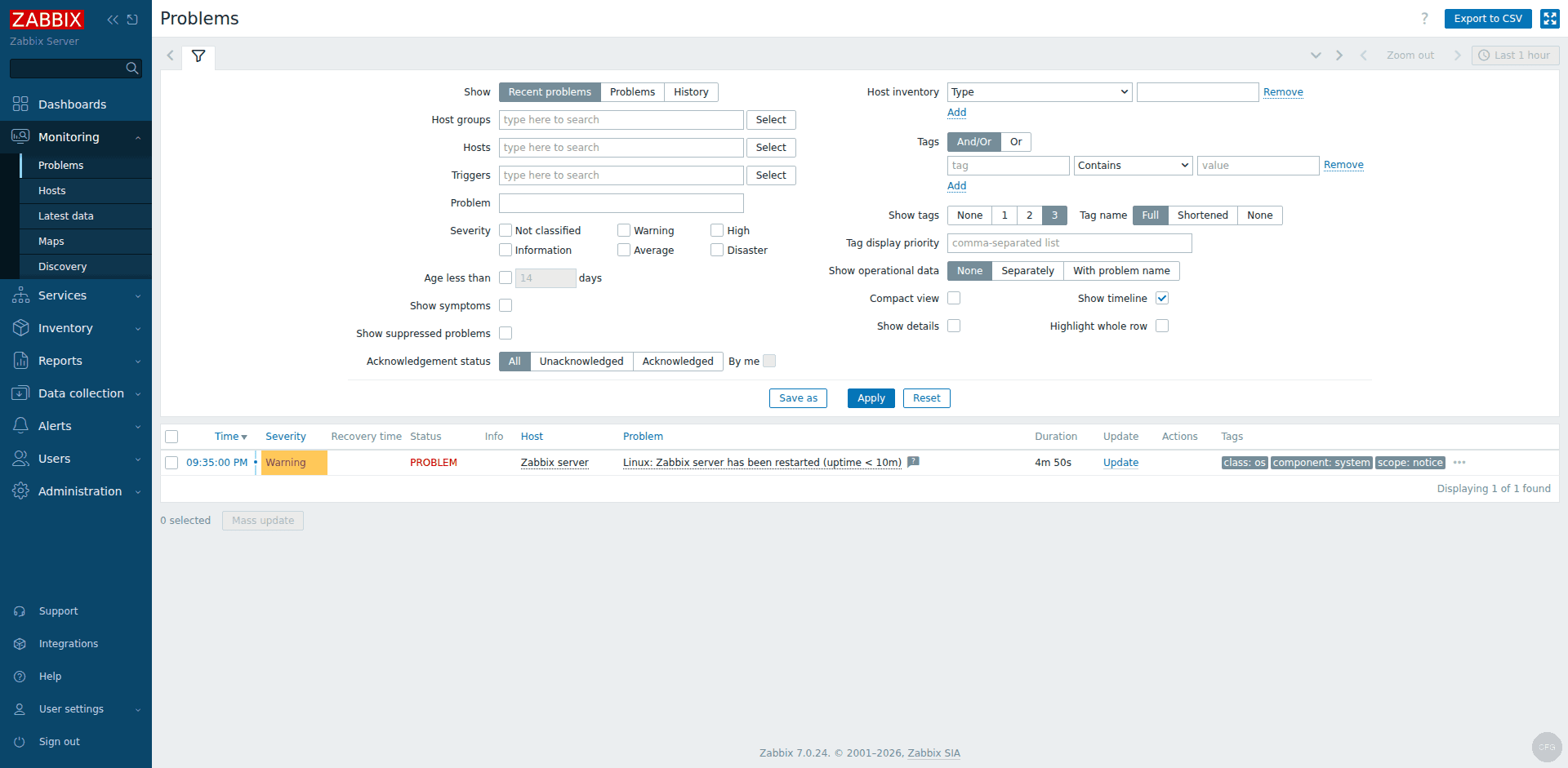 Zabbix 7.0 monitoring problems page showing active alerts and their severity