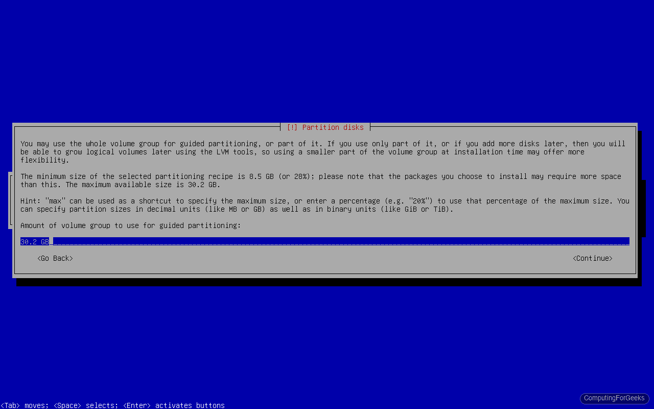 Install Debian 13 (Trixie) Step by Step 9 Debian 13 installer LVM volume size configuration