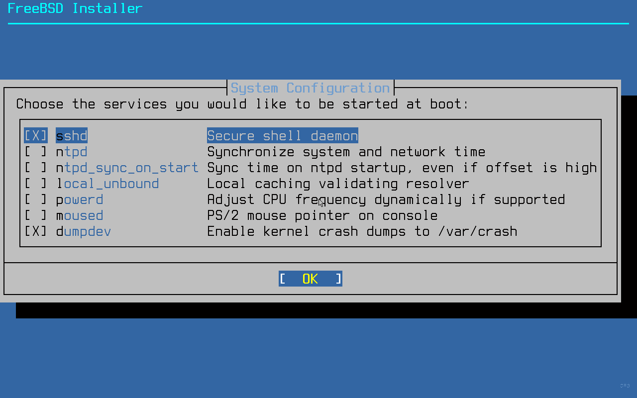 FreeBSD 15.0 system configuration showing sshd, ntpd, and other service options