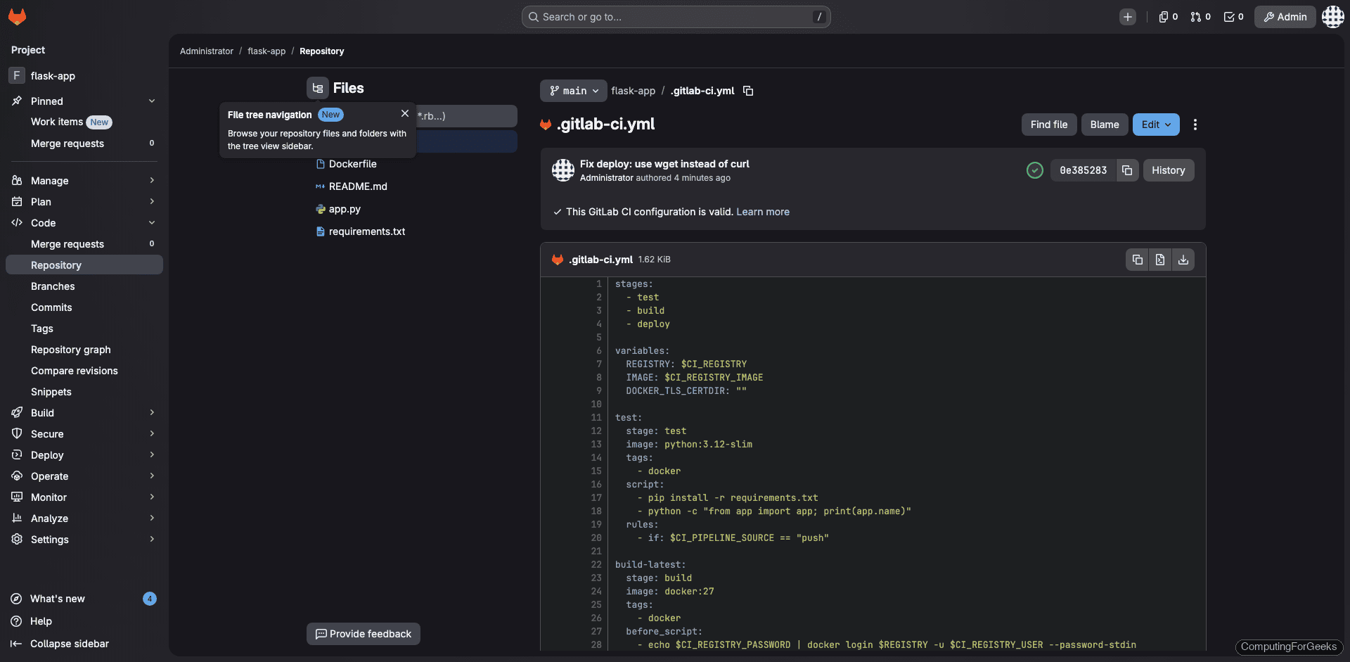 GitLab CI YAML file in repository showing multi-stage pipeline configuration