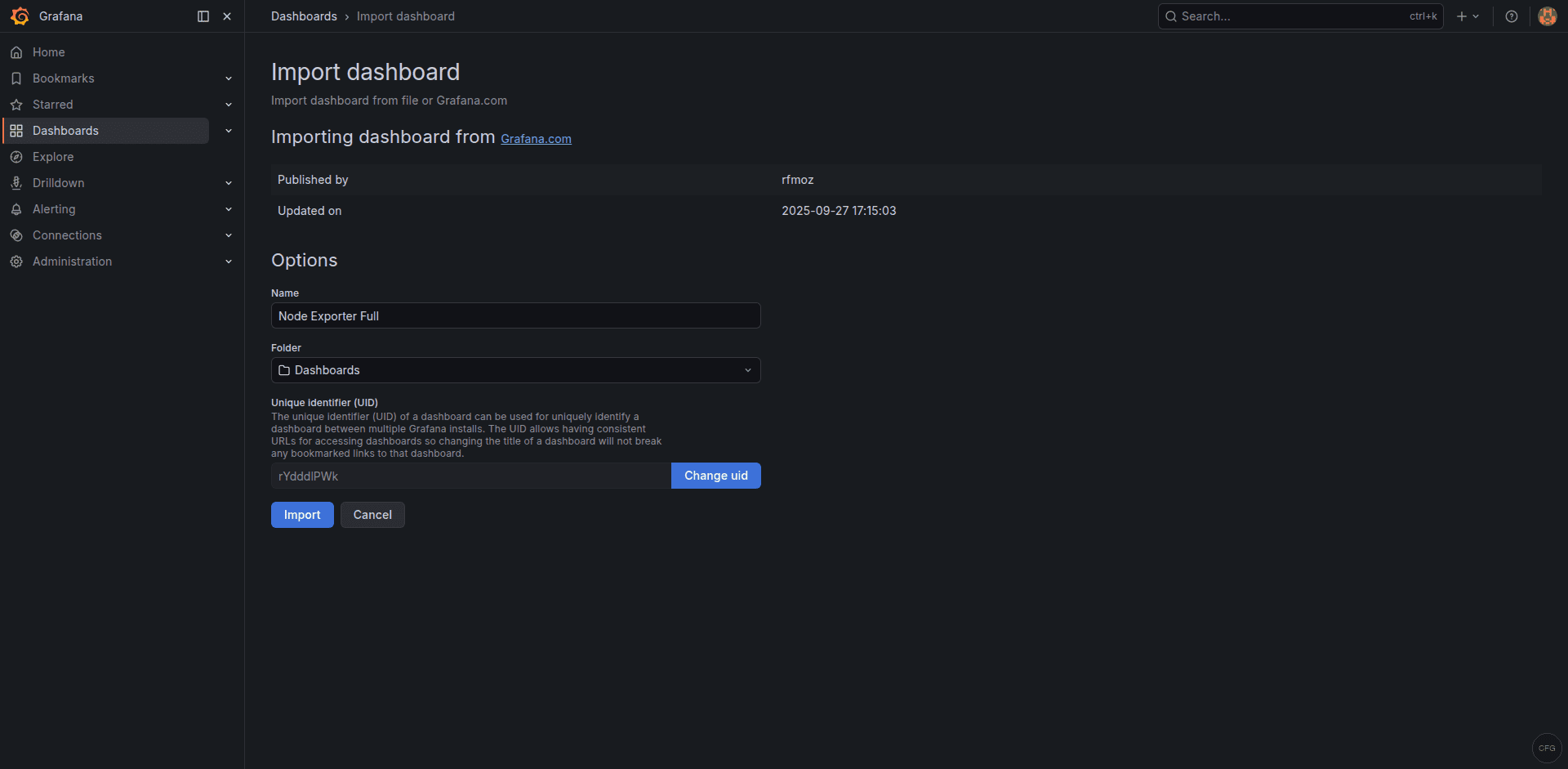 Grafana import dashboard page with Node Exporter Full ID 1860 loaded