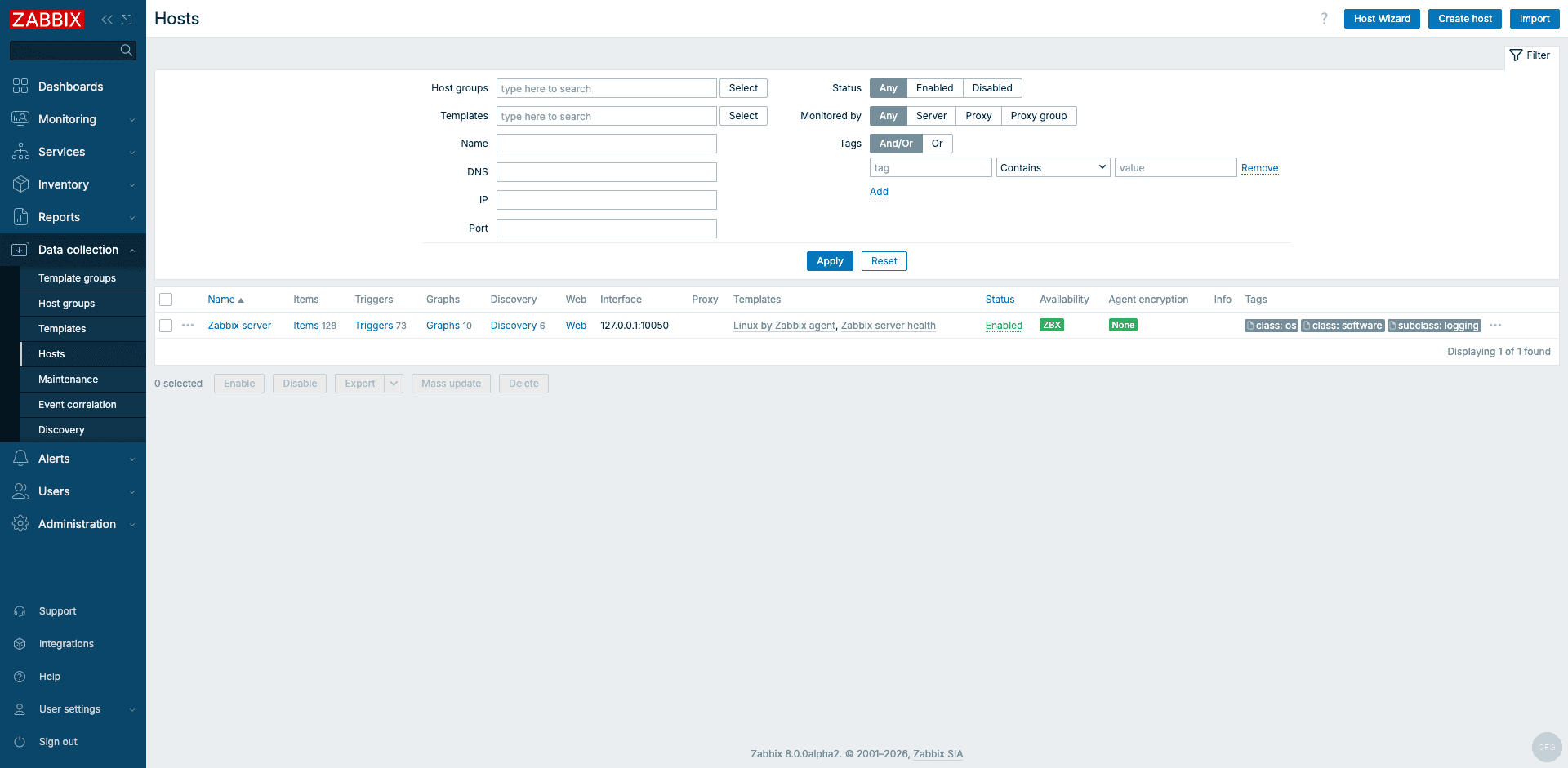 Zabbix 8.0 hosts list on Debian 13