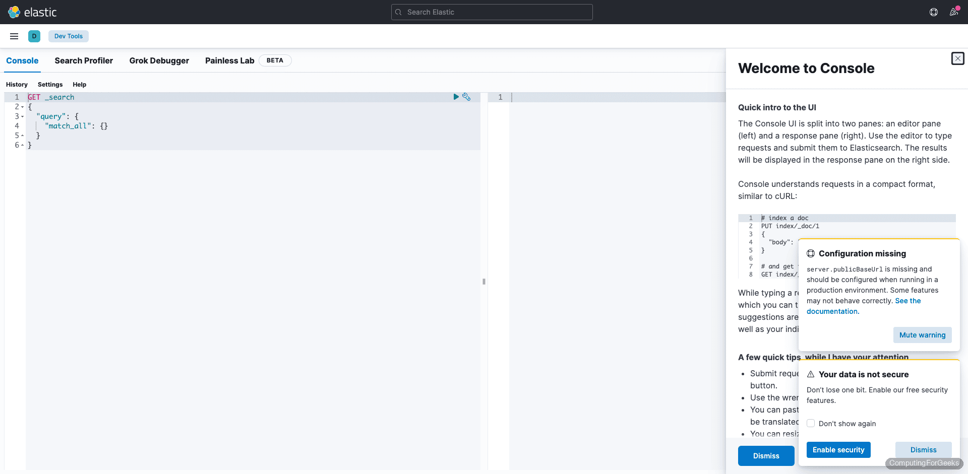 Install Elasticsearch 7, Logstash, and Kibana on Debian 13 / 12 4 Kibana 7 Dev Tools console for Elasticsearch queries on Debian 13
