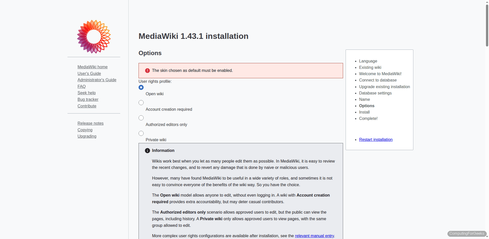 MediaWiki installer showing successful installation complete message